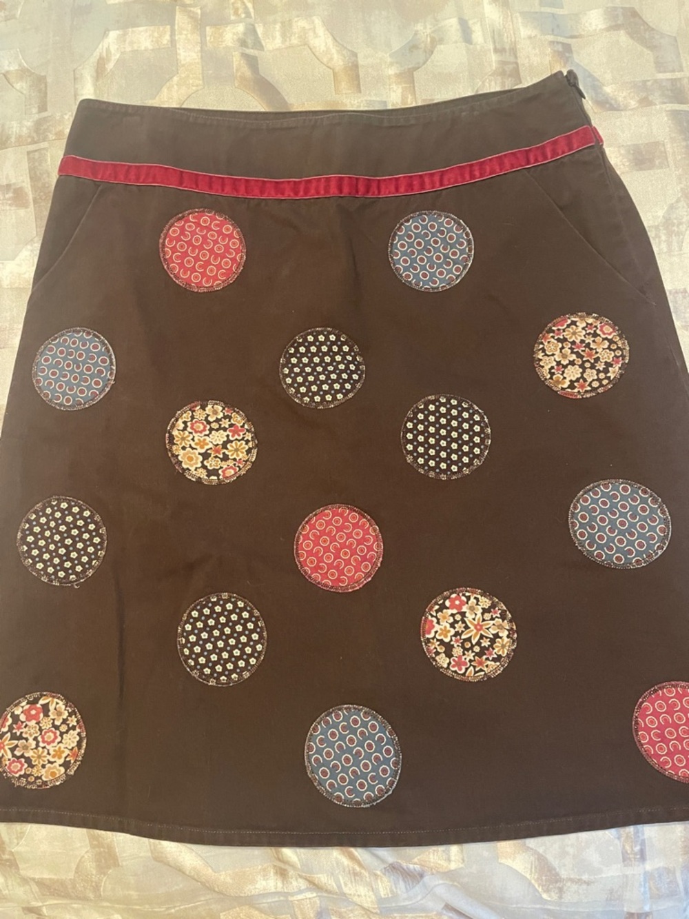 Boden Black A-Line Skirt with Red, Blue and Floral Circles